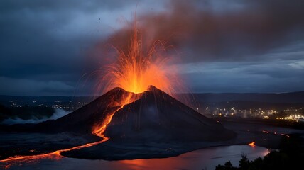 Fototapeta premium A powerful volcanic eruption at night, with bright orange lava erupting into the dark sky, glowing rivers of molten rock flowing down the mountain, and a distant city illuminated by scattered lights 
