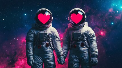 Astronauts in Love Holding Hands in Cosmic Space with Hearts
