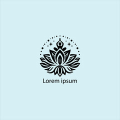 Design a minimalist logo featuring a serene figure in a meditative pose, seated on a stylized lotus flower