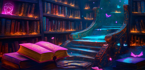 magic book with magic lights and butterflies flying arround	