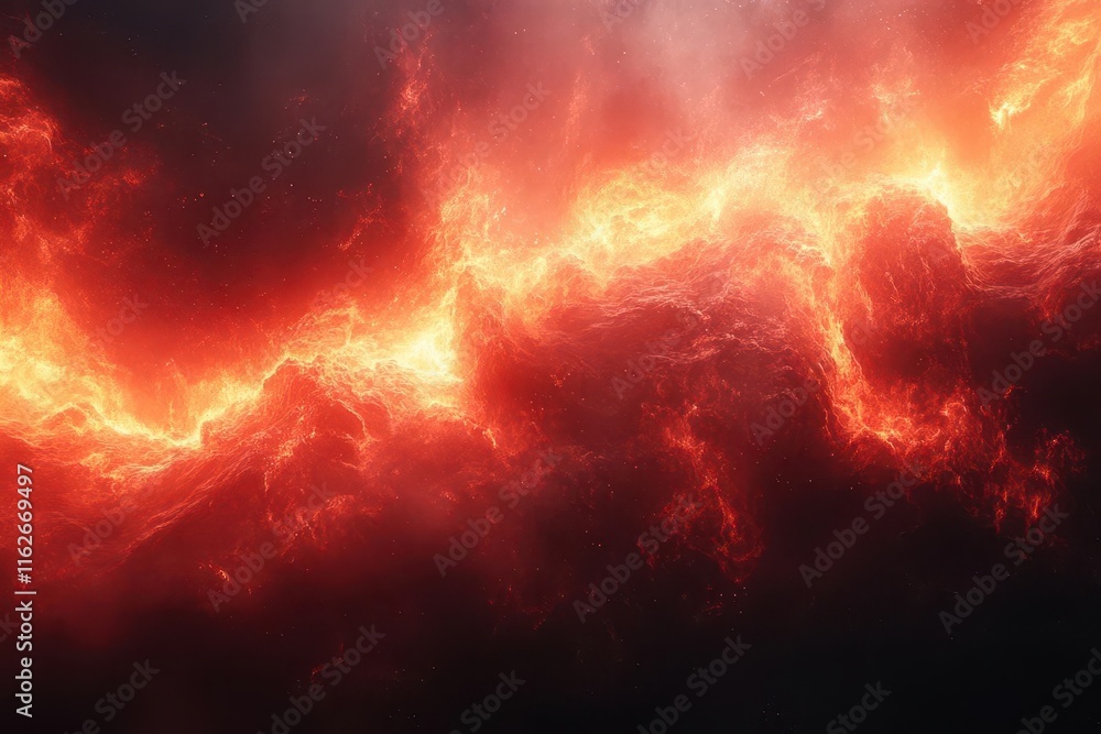 Sticker abstract design featuring a fiery red sky blending into smoky black and deep red backgrounds with fl