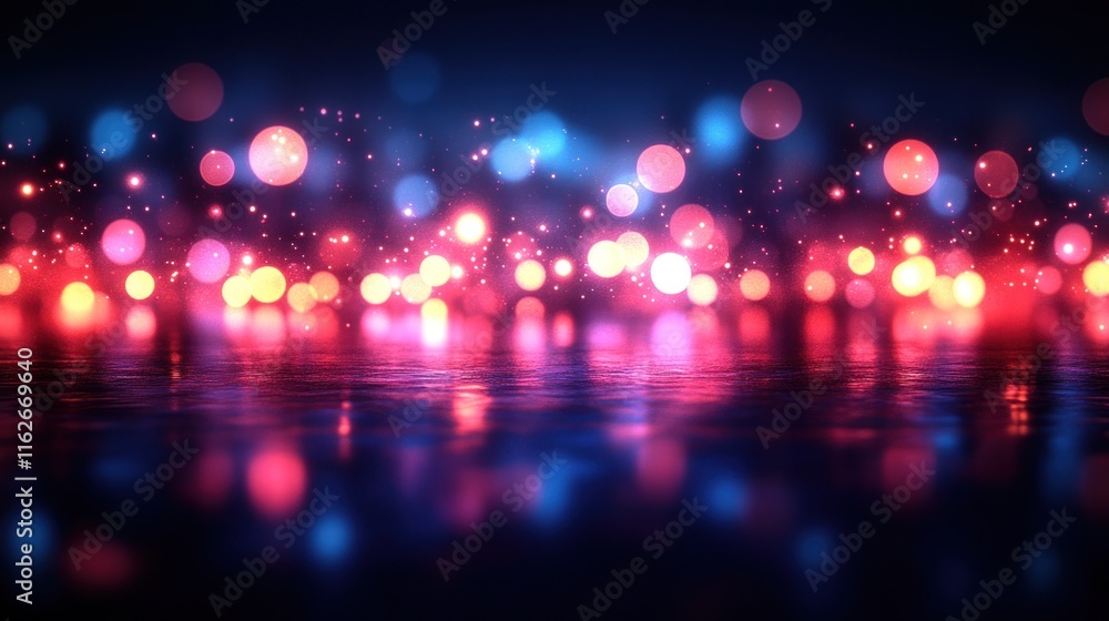 Poster abstract bokeh lights reflecting on a dark surface.