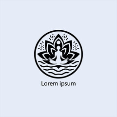 Design a minimalist logo featuring a serene figure in a meditative pose, seated on a stylized lotus flower