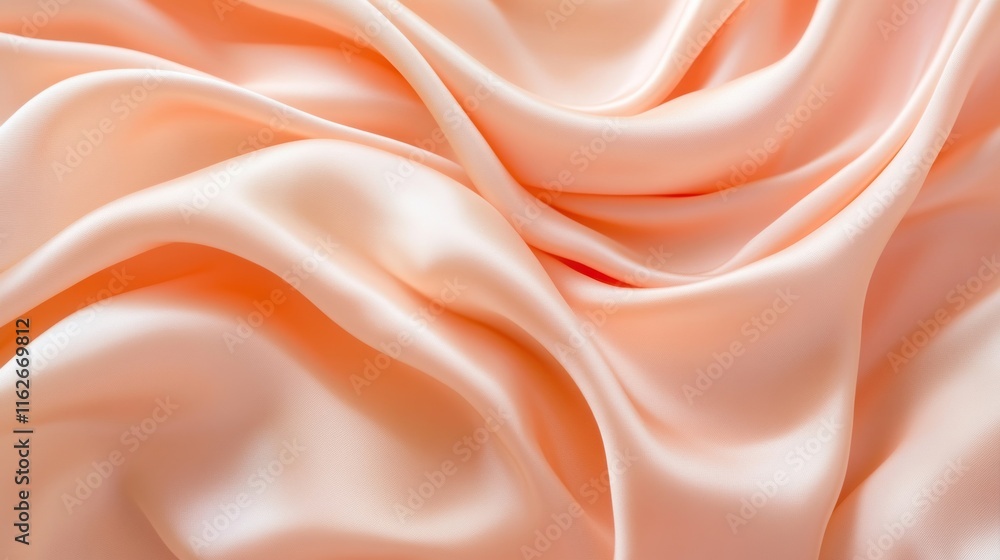 Poster A close-up of soft, flowing peach satin fabric with gentle folds and textures.