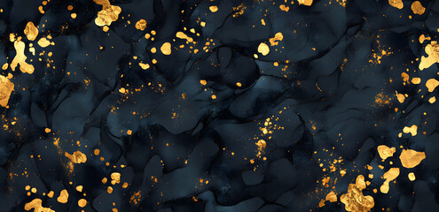 Abstract background featuring dark green and gold particles with golden light shining bokeh on a dark emerald backdrop. Incorporating a gold foil texture