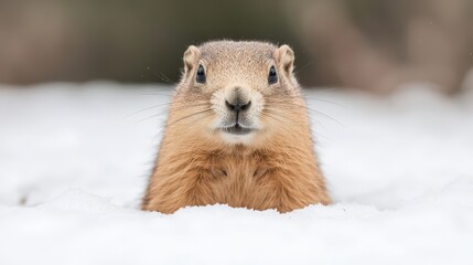 Groundhog emerging from snow winter landscape nature photography cute animal outdoor setting gigapixel quality