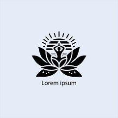 Design a minimalist logo featuring a serene figure in a meditative pose, seated on a stylized lotus flower