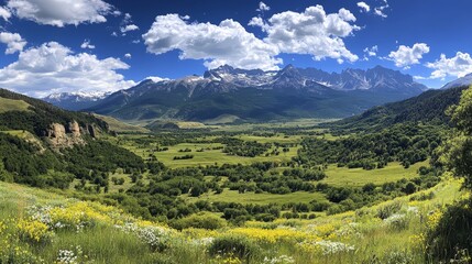 Naklejka premium Idyllic green hill station with flowers and meadows