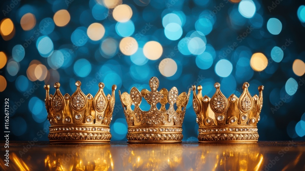 Poster elegant gold crowns on display with colorful bokeh background