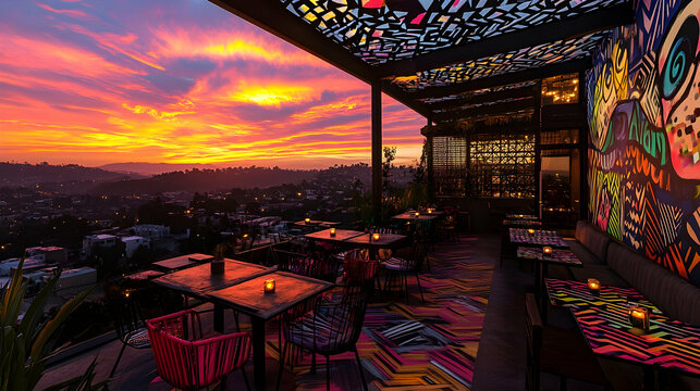 Artistic rooftop restaurant with bold geometric patterns, vibrant murals and dramatic views of a fiery sunset over hills