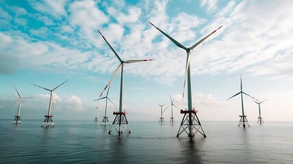A picturesque view of offshore wind turbines standing tall in the calm ocean, harnessing renewable energy under a bright sky with scattered clouds, symbolizing sustainability and clean energy solution