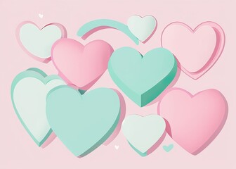 Pastel pink and green heart shapes overlapping on a soft pink background