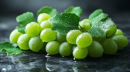 Green Grapes with Dewy Leaves Fresh and Juicy