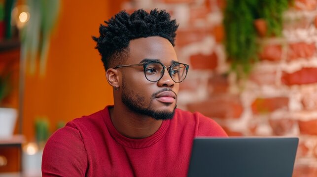 Young Man in Glasses Working on Laptop in Cozy Indoor Setting