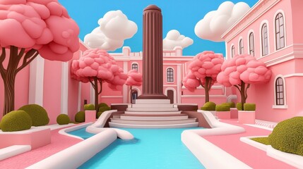 Vibrant Pink Courtyard with Trees and Column Under Blue Sky
