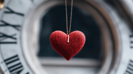 Heart-Shaped Pendant Hangs in Front of Timepiece with Clock Face