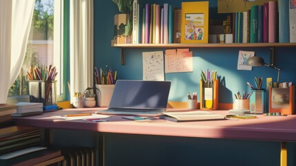 Obraz premium Sunlit workspace with laptop, books, and colorful stationery on a pink desk near a window.