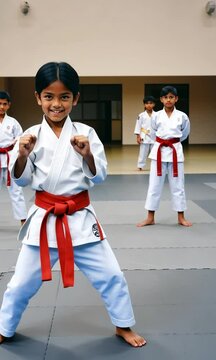10 year old student doing karate looking on camera and smiling school