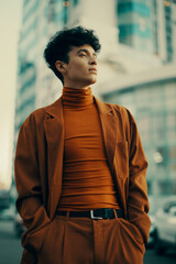 Fototapeta premium Stylish young man in urban setting wearing an orange outfit with turtleneck and blazer, confidently posing amidst a city backdrop