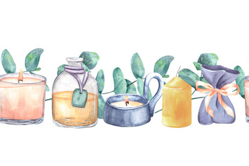 Eucalyptus branches, various candles, sachets and a bottle with liquid, oil. Seamless pattern, border hand-drawn watercolor illustration. For decor, design, textiles, printing, souvenirs