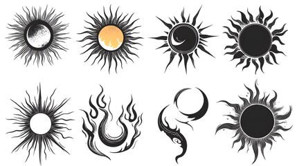 Stylized Sun And Flame Designs Collection