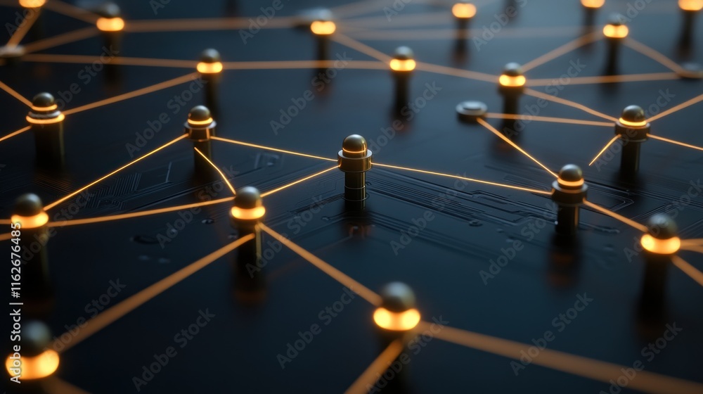 Poster a close-up view of interconnected nodes with glowing connections, symbolizing network technology.