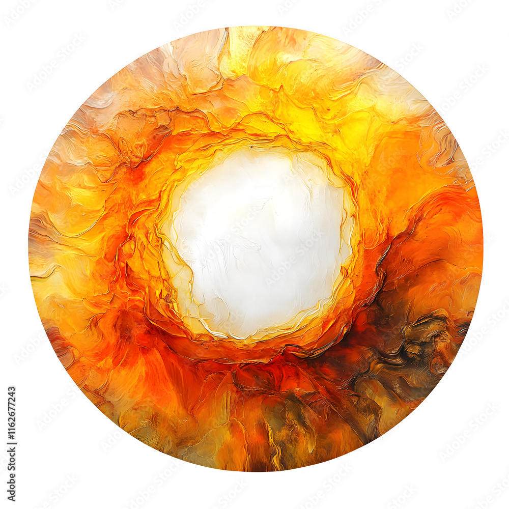 Poster Vibrant circular abstract painting with orange and yellow hues encircling a bright white center, perfect for adding a touch of modern art to any design project