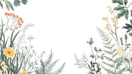 Naklejka premium Botanical Illustration Featuring Delicate Flowers and Greenery