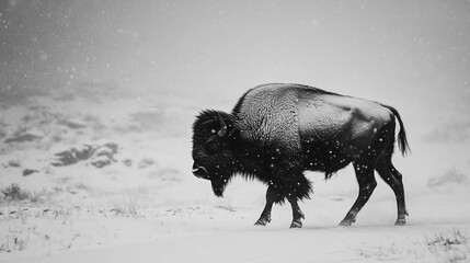 Wild bison walking through snowy landscape in winter wilderness