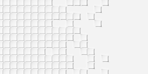 Array of small white bend squares or planes geometry background wallpaper banner fading out with copy space, flat lay