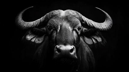 Naklejka premium Buffalo portrait captured in black and white against dark background creating striking contrast