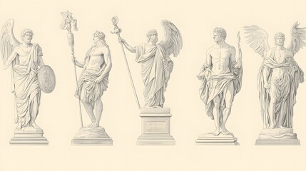 Obraz premium Five Classical Sculptures Depicting Winged Figures and Gods