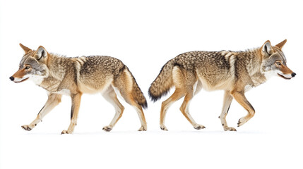 Obraz premium Two coyotes walking side by side on a white background in a natural display of wildlife