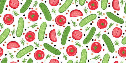 Tomatoes and Cucumber Vegetables Vector Seamless Pattern