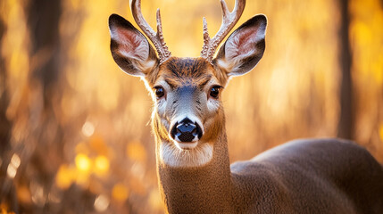 Stag with antlers in a forest during autumn with golden foliage