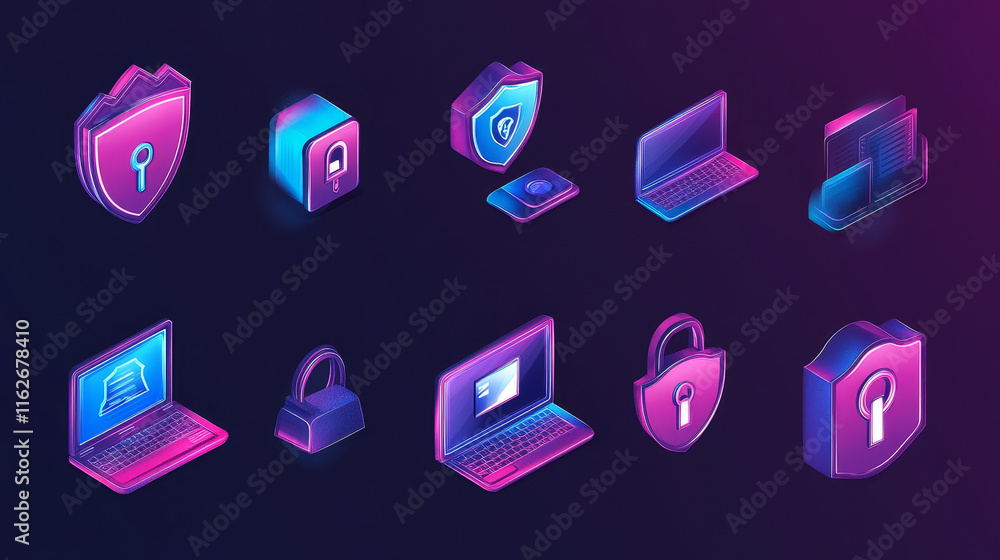 Poster data protection, internet security and secure data exchange vector icons of internet technology desi