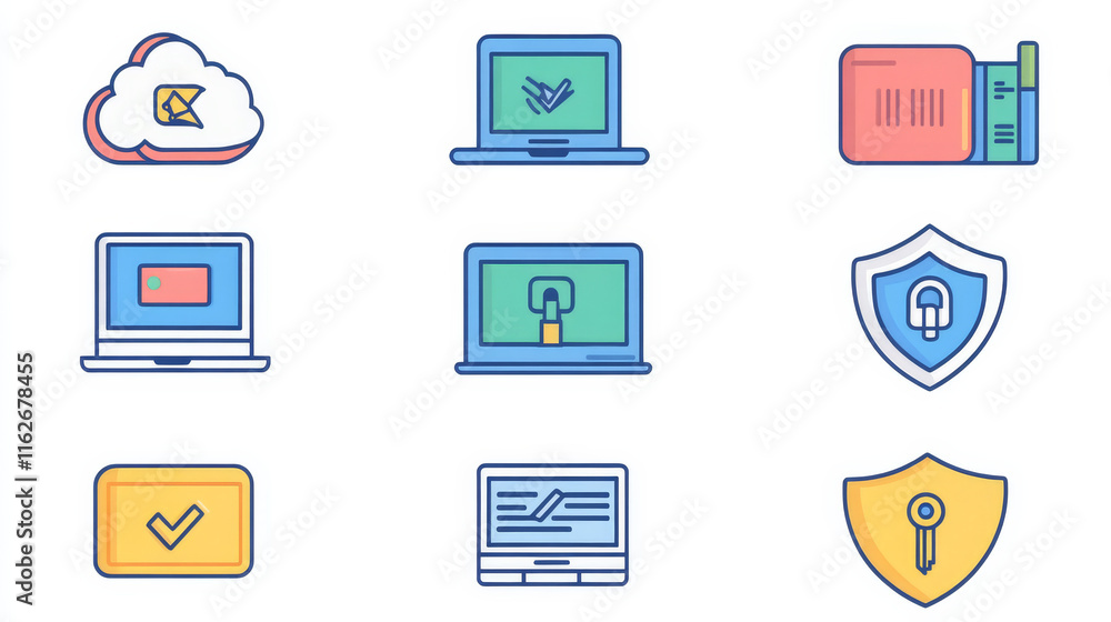 Poster data protection, internet security and secure data exchange vector icons of internet technology desi