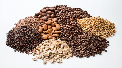 Nuts, beans and seeds vector design of super food. Almond, walnuts, hazelnut, peanut, pistachio, cashew and coconut, pumpkin and sunflower seeds, coffee and cocoa beans, brazil, macadamia, pecan nuts