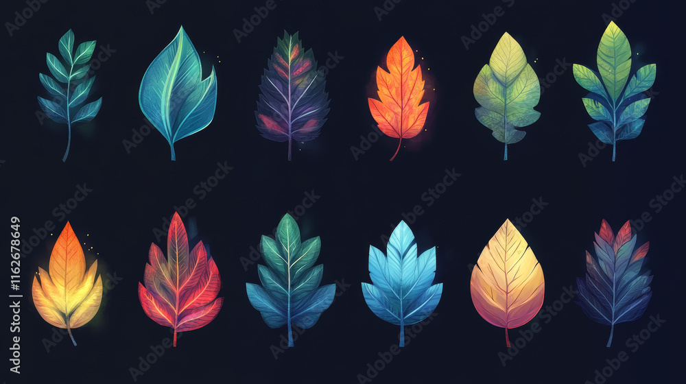 Poster set of leaves icons - also as emblem. jpeg version also available