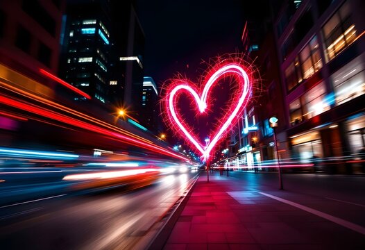Glowing neon pink heart on motion blur city night street. Light painting and street installation concept. For Valentine's Day. Long exposure cityscape shot for wallpaper, poster, card