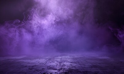 Mysterious purple smoke fills a dark room, creating an ethereal and moody atmosphere. The textured floor adds depth to the scene.