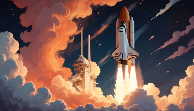 Un transbordador espacial despegando hacia el cielo nocturno, con una gran columna de humo y llamas tras &eacute;l