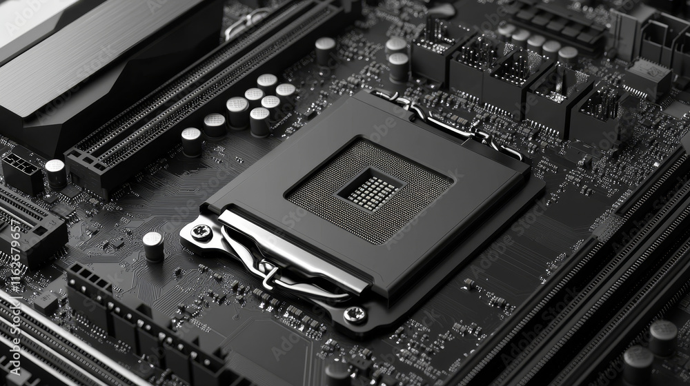 Poster computer motherboard processor software or video chip line icon. server or personal computer system 