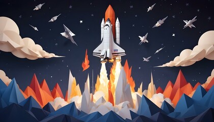 Naklejka premium Un transbordador espacial despegando hacia el cielo nocturno, con una gran columna de humo y llamas tras él