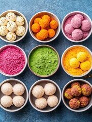 Colorful traditional indian sweets displayed in bowls celebrating culture food photography vibrant environment close-up view