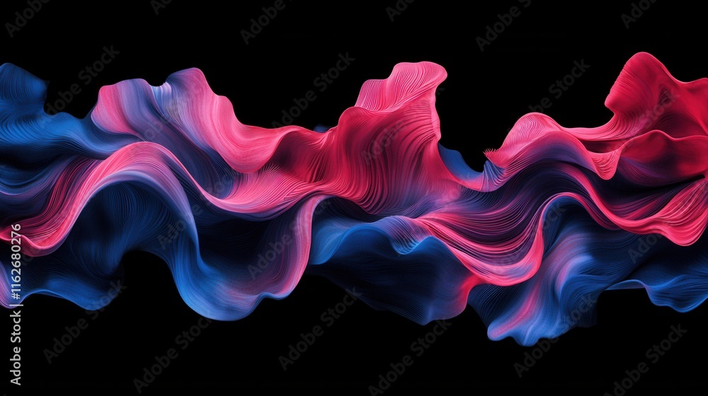 Poster a vibrant, abstract wave design in pink and blue against a black background, showcasing fluid motion