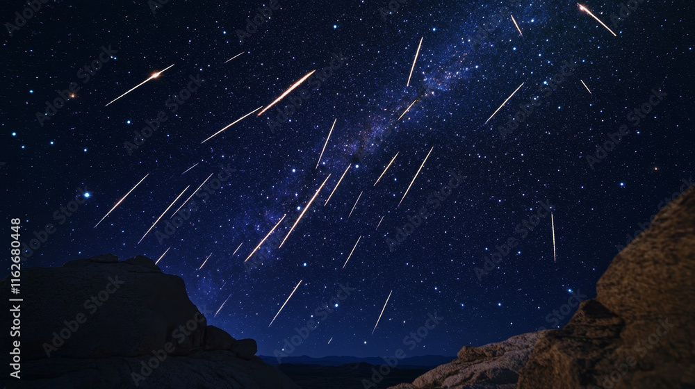 Poster meteors rain with comets and space bodies on transparent. vector neon glowing fast moving particles,