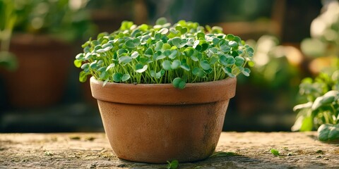 Fresh green microgreens growing in a terracotta pot