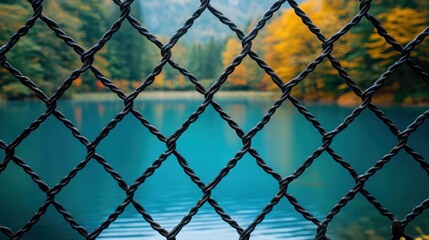 Naklejka premium Blurred autumn lake view through a wire mesh fence.