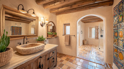 Obraz premium Salle de bain chaleureuse et élégante dans une maison de style Santa Fe